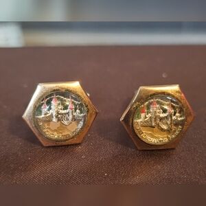 Vintage Enchanted Forest Castle Cufflinks | Gold Tone Fantasy Souvenir